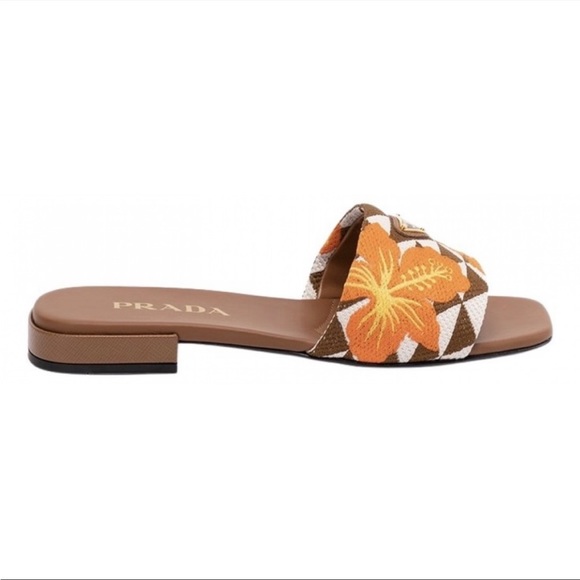 PRADA logo floral Triangolo Ibiscus leather slides sandals - Picture 1 of 5